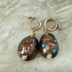 Gold and Brown Shell Drop Earrings with Turquoise Gems